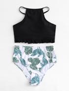 Romwe Frill Trim Leaf Print Bikini Set