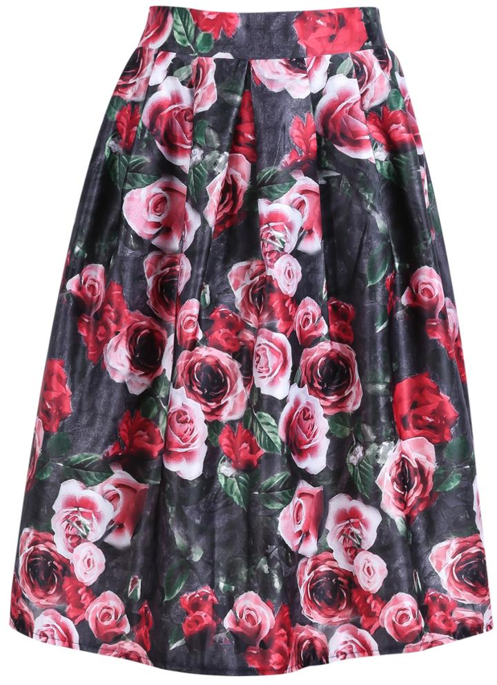 Romwe Floral Print Midi Red Skirt