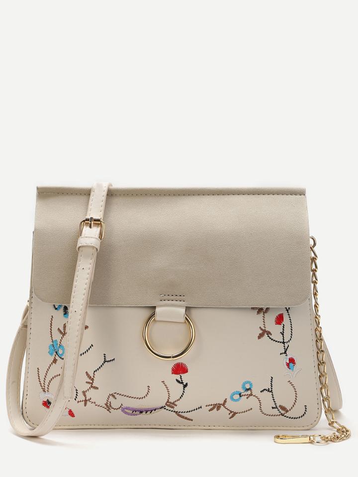 Romwe White Embroidery Flap Shoulder Bag With Chain Detail