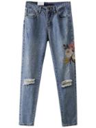 Romwe Blue Flower Embroidery Ripped Detail Denim Pants