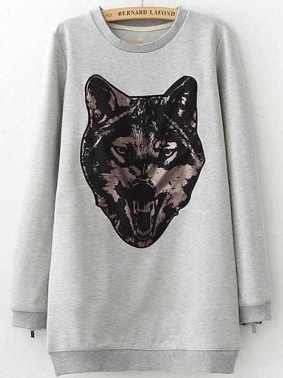 Romwe Leopard Print Long Grey Sweatshirt