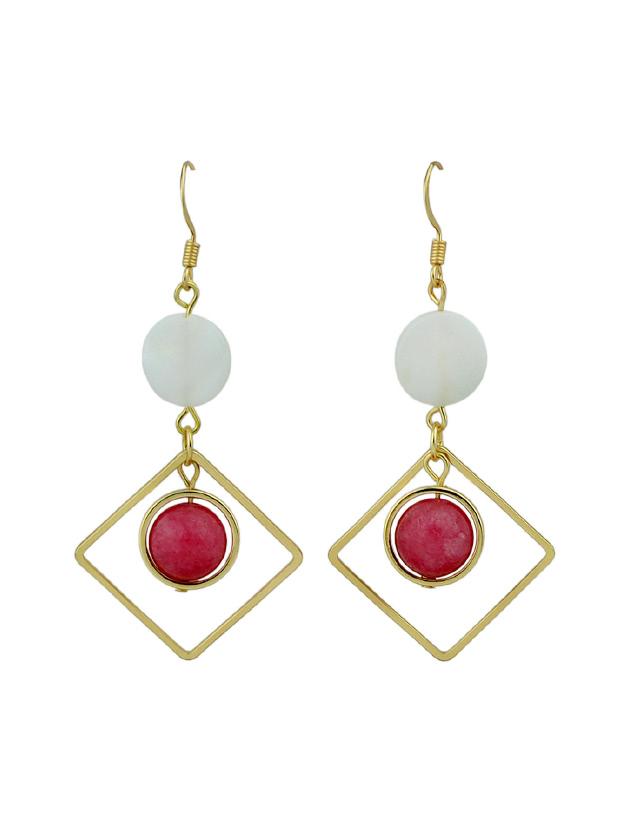 Romwe Shell Red Beads Square Geometric Drop Earrings