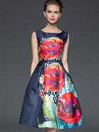 Romwe Navy Round Neck Sleeveless Print Dress