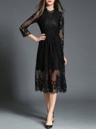 Romwe Black Sheer Gauze Embroidered Lace Dress