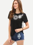 Romwe Print Fringe T-shirt - Black