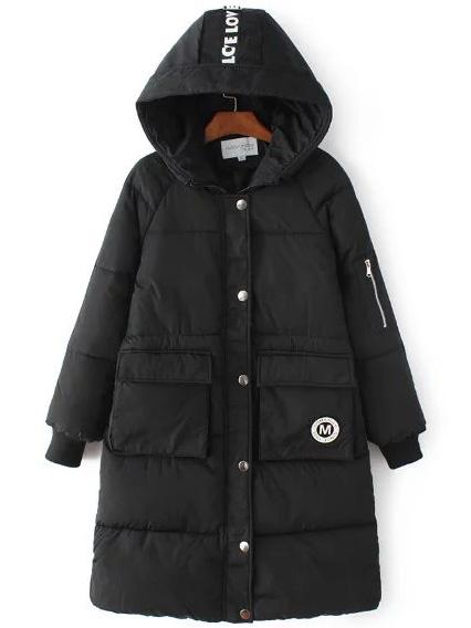 Romwe Black Zipper Detail Front Pocket Padded Coat