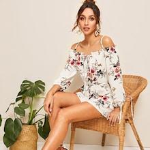 Romwe Floral Print Cold Shoulder Romper