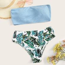 Romwe Ribbed Bandeau With Tropical Seam Trim Bikini