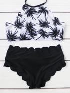 Romwe Palm Tree Print Scalloped Trim Halter Bikini Set