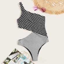 Romwe Striped One Shoulder Asymmetrical One Piece Swimsuit