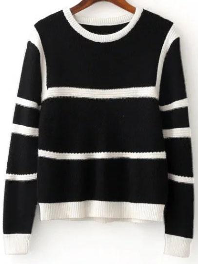 Romwe Black Contrast Striped Ribbed Trim Knitwear