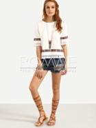 Romwe White Vintage Embroidered Fringe Half Sleeve Blouse