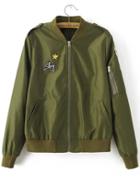 Romwe Army Green Embroidery Patch Zipper Up Flight Jacket