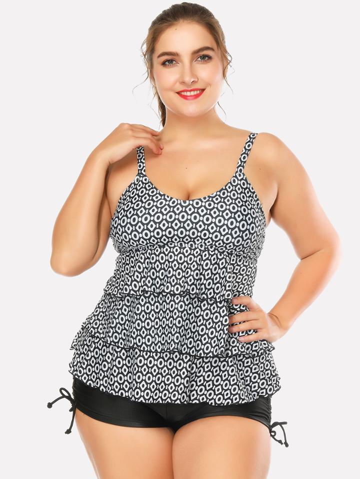 Romwe Geometric Pattern Layered Tankini Set