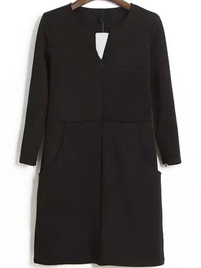 Romwe V Neck Zipper Straight Black Dress