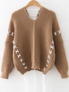 Romwe Khaki V Neck Lace Up Drop Shoulder Sweater