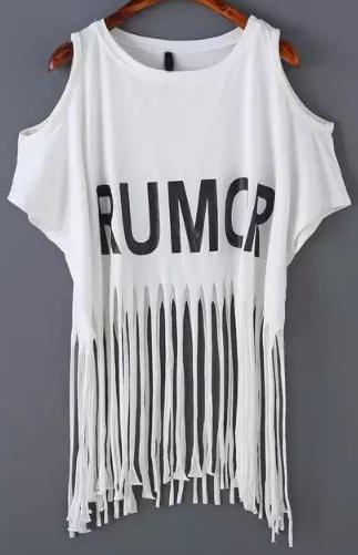 Romwe Open Shoulder Letter Print Tassel White T-shirt
