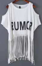 Romwe Open Shoulder Letter Print Tassel White T-shirt