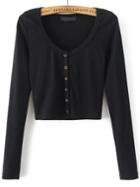 Romwe Black Round Neck Button Up Crop Cardigan