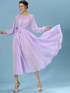 Romwe Purple Long Sleeve Self-tie Chiffon Pleated Dress