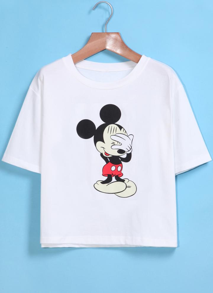 Romwe White Short Sleeve Mickey Print Crop T-shirt
