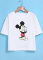Romwe White Short Sleeve Mickey Print Crop T-shirt