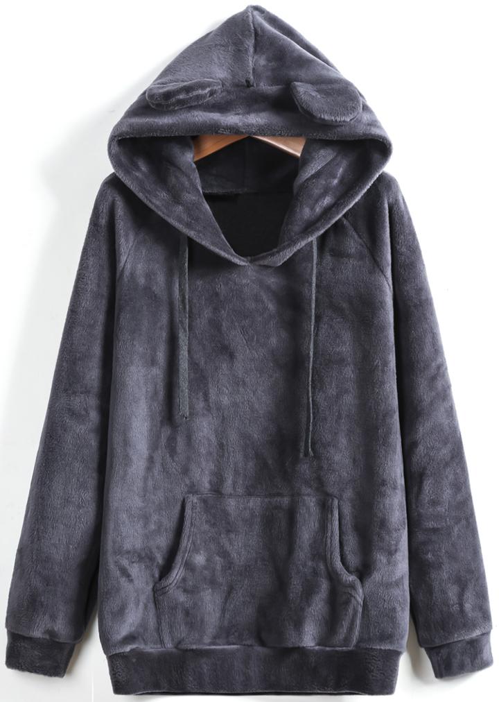 Romwe Grey Hooded Pockets Long Sleeve Drawstring Sweatshirt