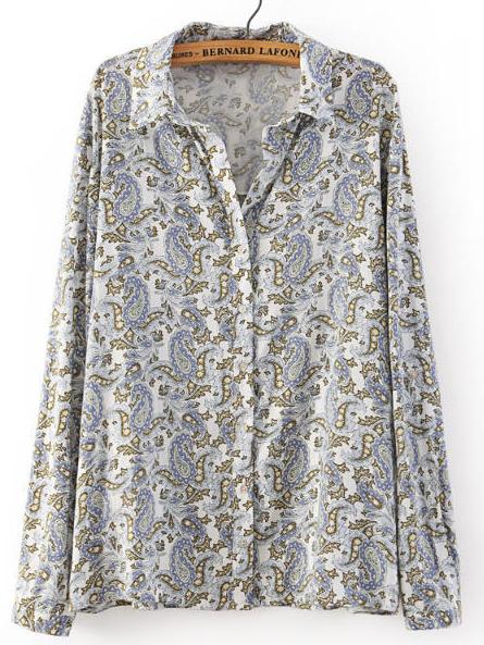 Romwe Lapel Paisley Print Color Blouse