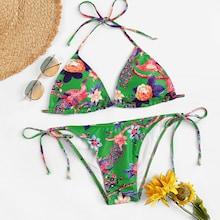 Romwe Floral & Animal Triangle Top With Tie Side Bikini