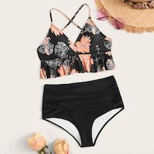 Romwe Random Tropical Ruffle Hem Top With Ruched Bikini Set