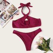 Romwe Cross Halter Top With High Leg Bikini Set
