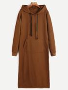 Romwe Camel Slit Side Pocket Drawstring Hooded Sweatshirt Dress