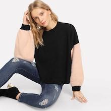 Romwe Two Tone Sleeve Fuzzy Jumper