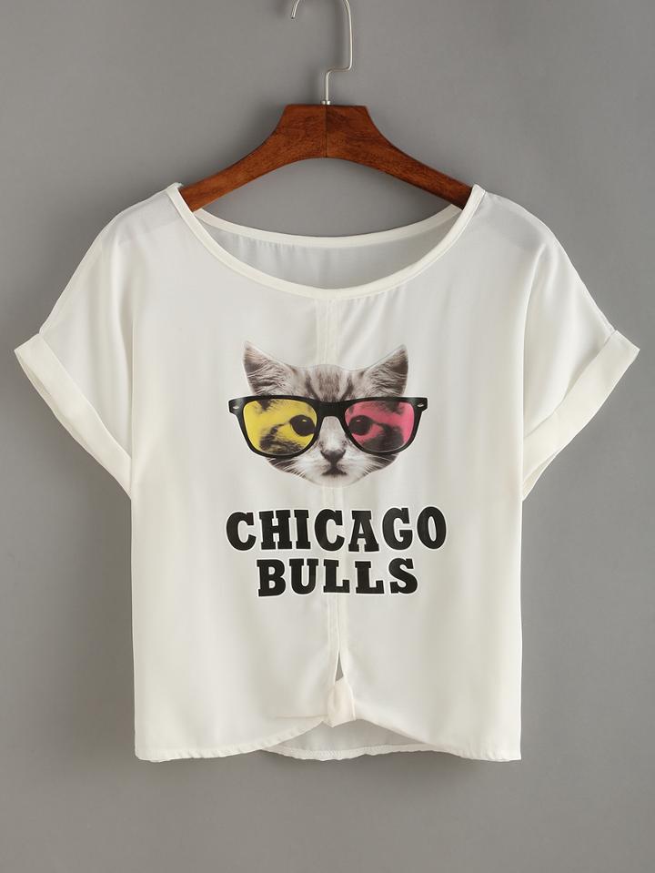 Romwe Cat Print Cuffed Knotted Chiffon Top