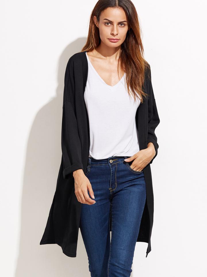 Romwe Black Slit Side Drop Shoulder Seam Coat