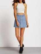 Romwe Faded Wash Slant Pocket Button Down Denim Skirt