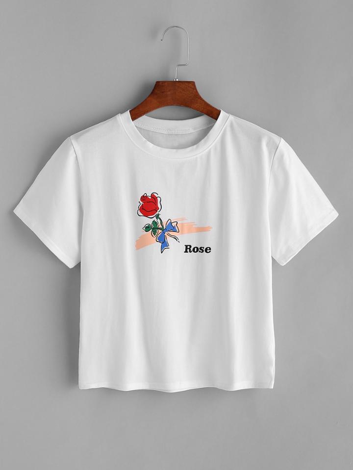 Romwe White Rose Print Crew Neck T-shirt