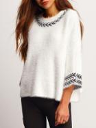 Romwe Crew Neck Leaves Fuzzy Embroidered Sweater