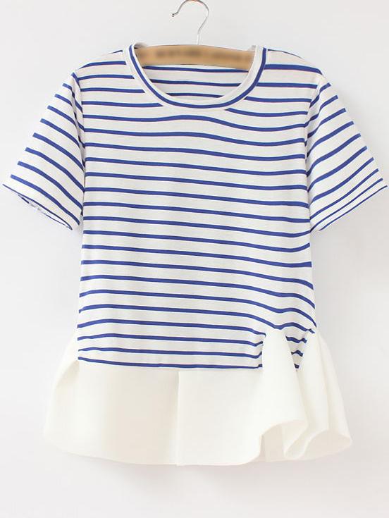 Romwe Blue White Stripe Ruffle Hem Short Sleeve T-shirt