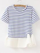 Romwe Blue White Stripe Ruffle Hem Short Sleeve T-shirt