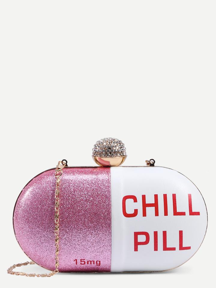 Romwe White Pill Shaped Clutch With Rhinestone Ball Closure