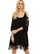 Romwe Black Open Shoulder Crochet Lace Sleeve Tassel Dress