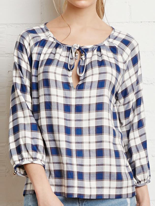 Romwe Lace Up Plaid Keyhole Blouse