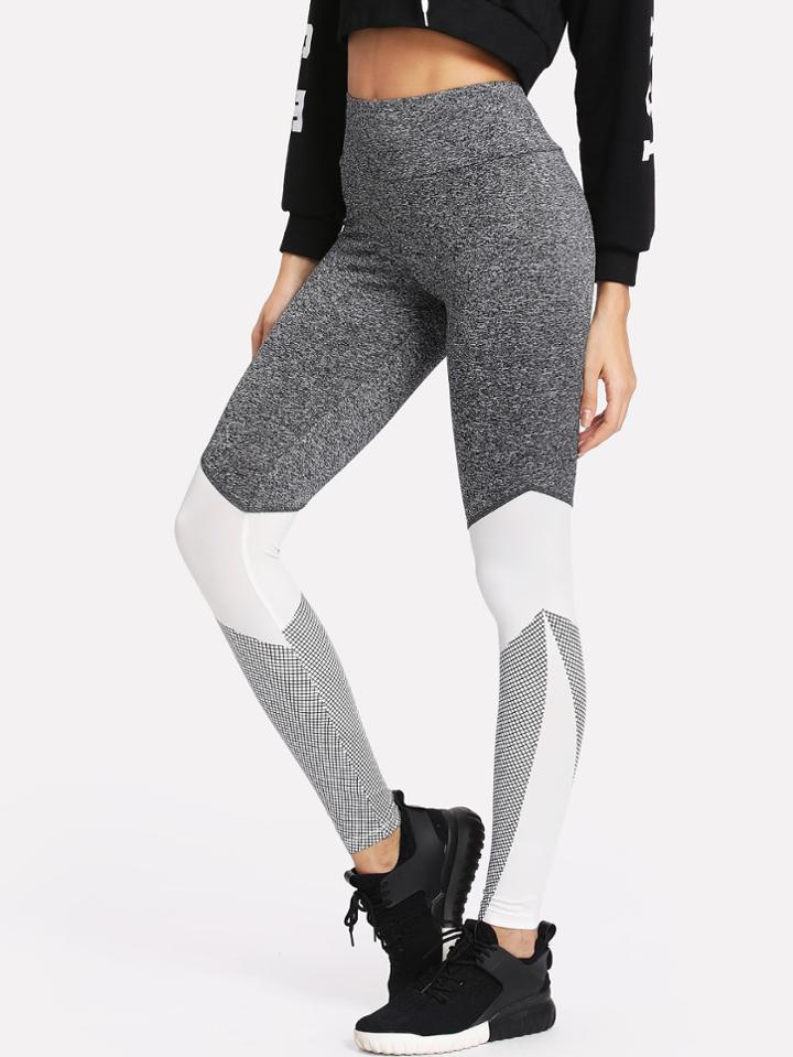 Romwe Wide Waistband Cut And Sew Leggings