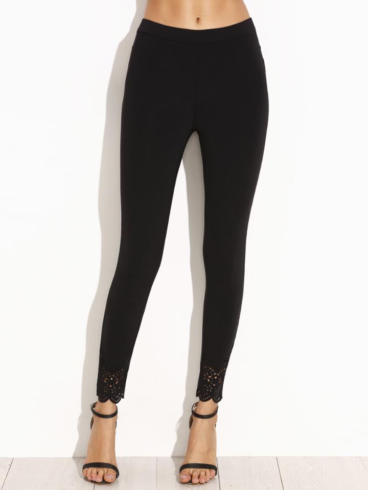 Romwe Black Laser Cut Scallop Hem Leggings