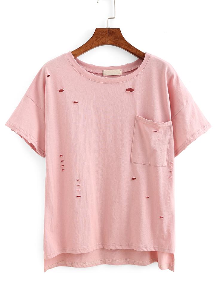 Romwe Ripped High-low Pocket T-shirt