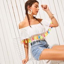 Romwe Off The Shoulder Fringe Trim Blouse