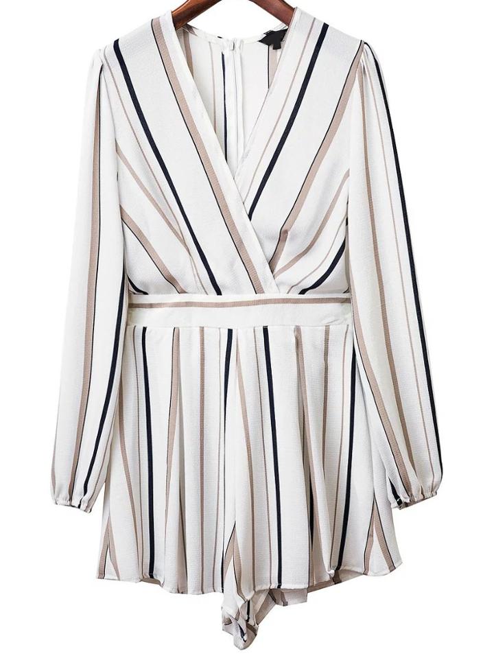 Romwe White Stripe Deep V Neck Belted Romper