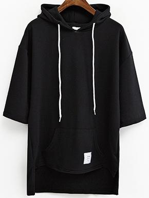 Romwe Black Drop Shoulder High Low Hooded Sweatshirt With Pocket
