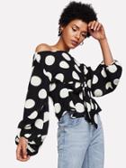 Romwe Exaggerated Lantern Sleeve Belted Polka Dot Top